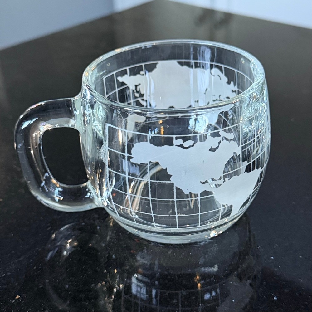 Nestle World Globe Glass Mug Coffee Tea Cup Etched Map‎